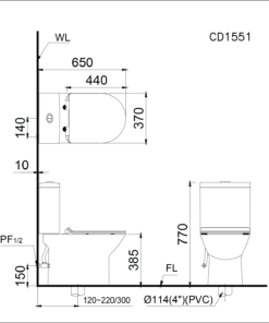 bản vẽ kỹ thuật bồn cầu caesar CD1551